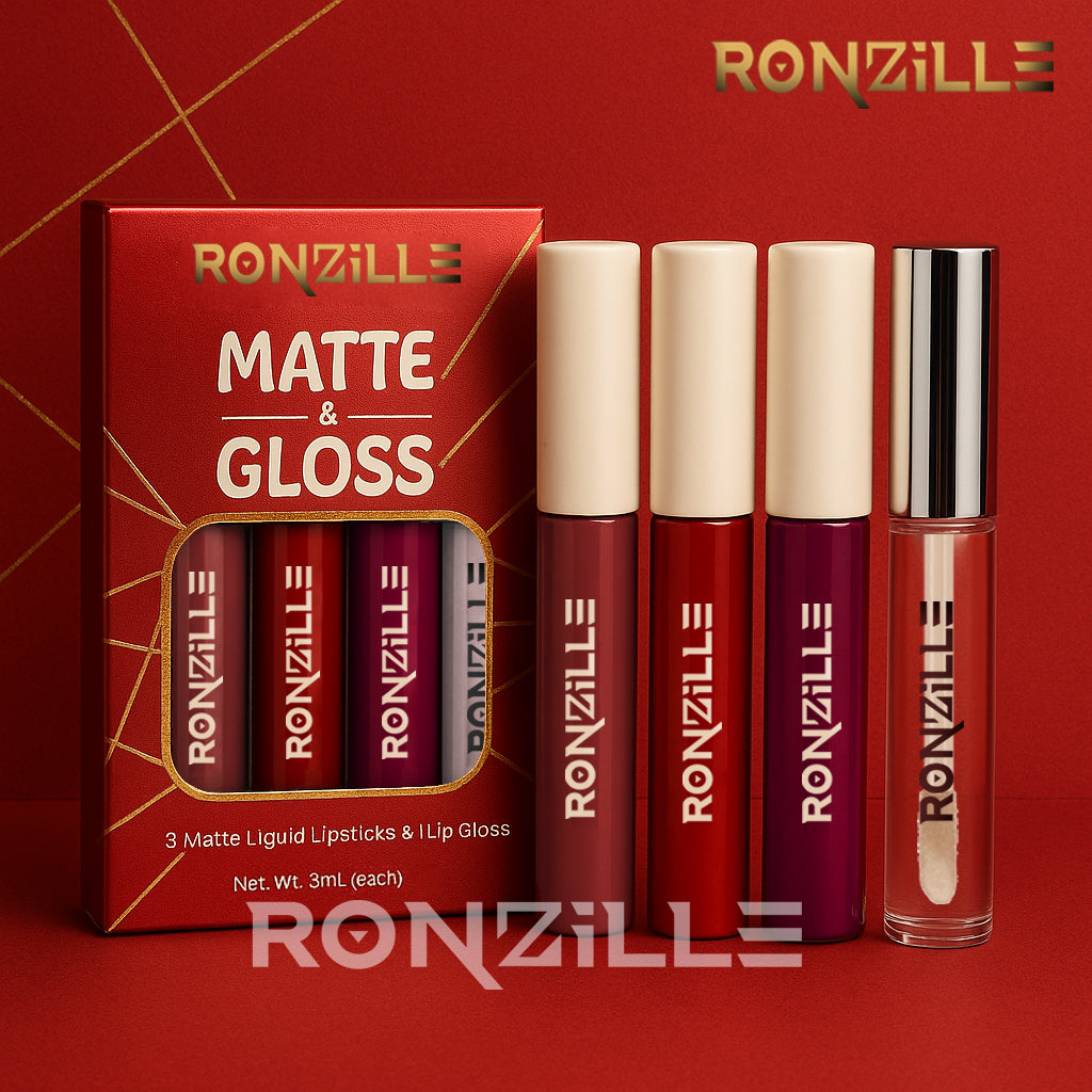 Ronzille Non Transfer Matte Liquid Lipstick plus Lip Gloss ( Reds & Maroons) Pack of 4