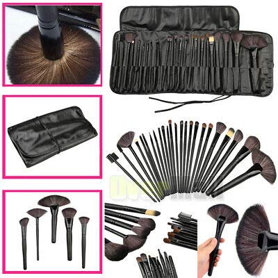 Ronzille Beauty Professional 24-Pcs Makeup Brush Set for Foundation, Face Powder, Blush Blending Brushes, Wooden Handle Cruelty-Free Synthetic Fiber Bristles with Leather Case (Black)