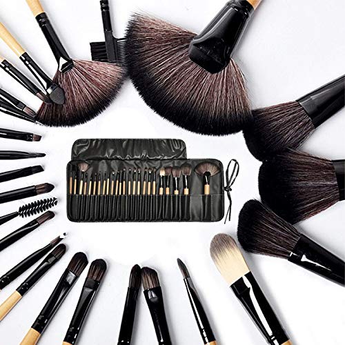 Ronzille Beauty Professional 24-Pcs Makeup Brush Set for Foundation, Face Powder, Blush Blending Brushes, Wooden Handle Cruelty-Free Synthetic Fiber Bristles with Leather Case (Black)