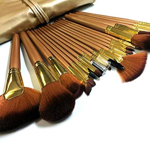 Ronzille Beauty Professional 24-Pcs Makeup Brush Set for Foundation, Face Powder, Blush Blending Brushes, Wooden Handle Cruelty-Free Synthetic Fiber Bristles with Leather Case (Golden)