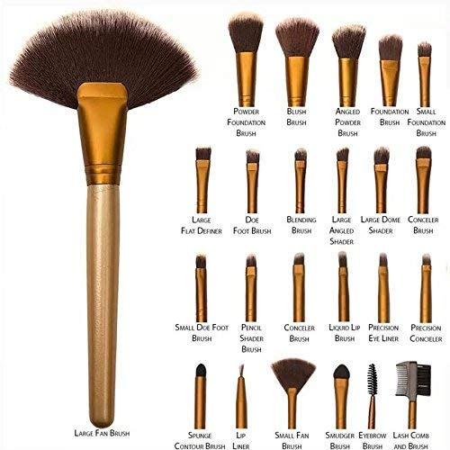 Ronzille Beauty Professional 24-Pcs Makeup Brush Set for Foundation, Face Powder, Blush Blending Brushes, Wooden Handle Cruelty-Free Synthetic Fiber Bristles with Leather Case (Golden)