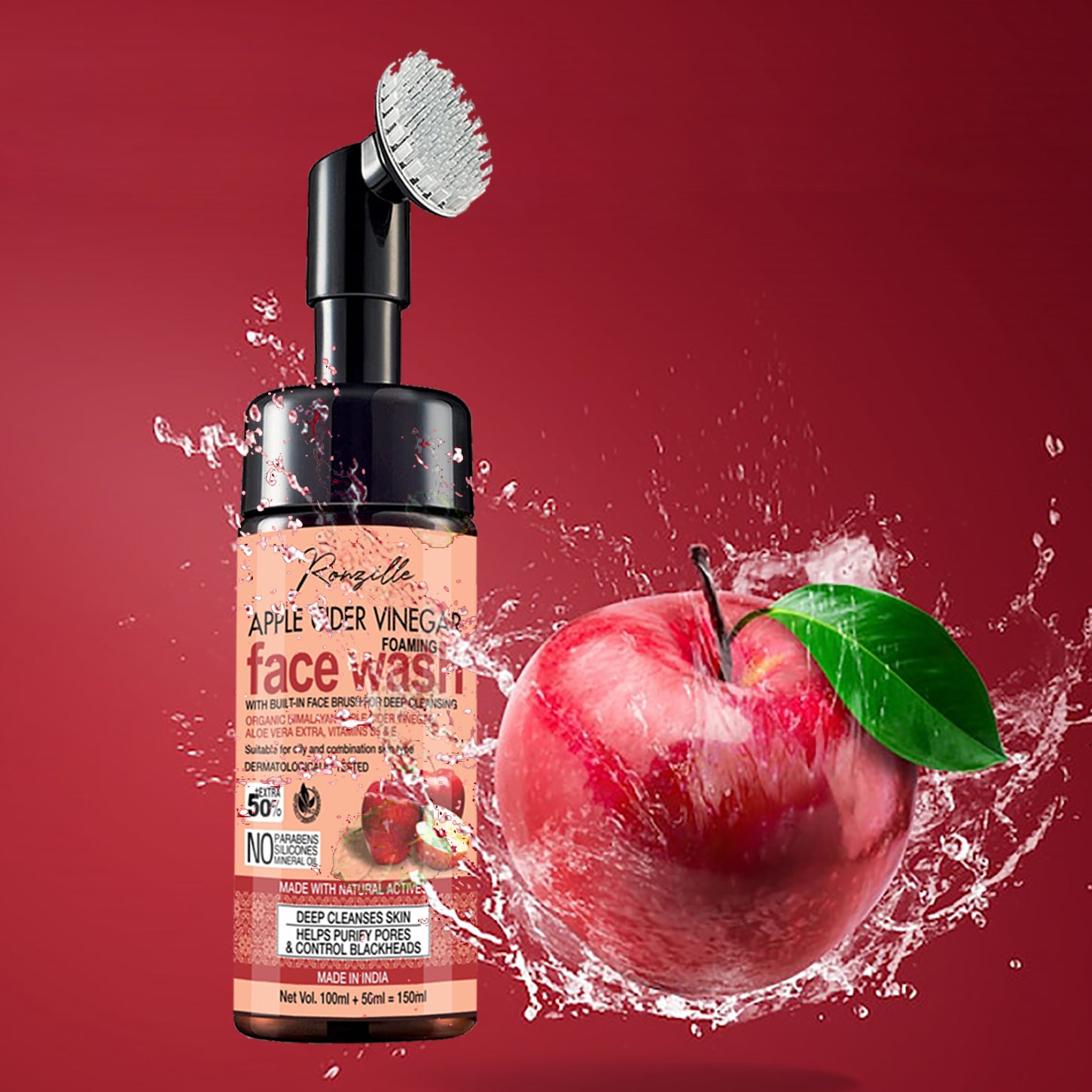 Ronzille Apple Cider Vinegar Foaming Wash With Built -In Face Brush For Deep Cleansing Men & Women All Skin Types Face Wash-150 ml