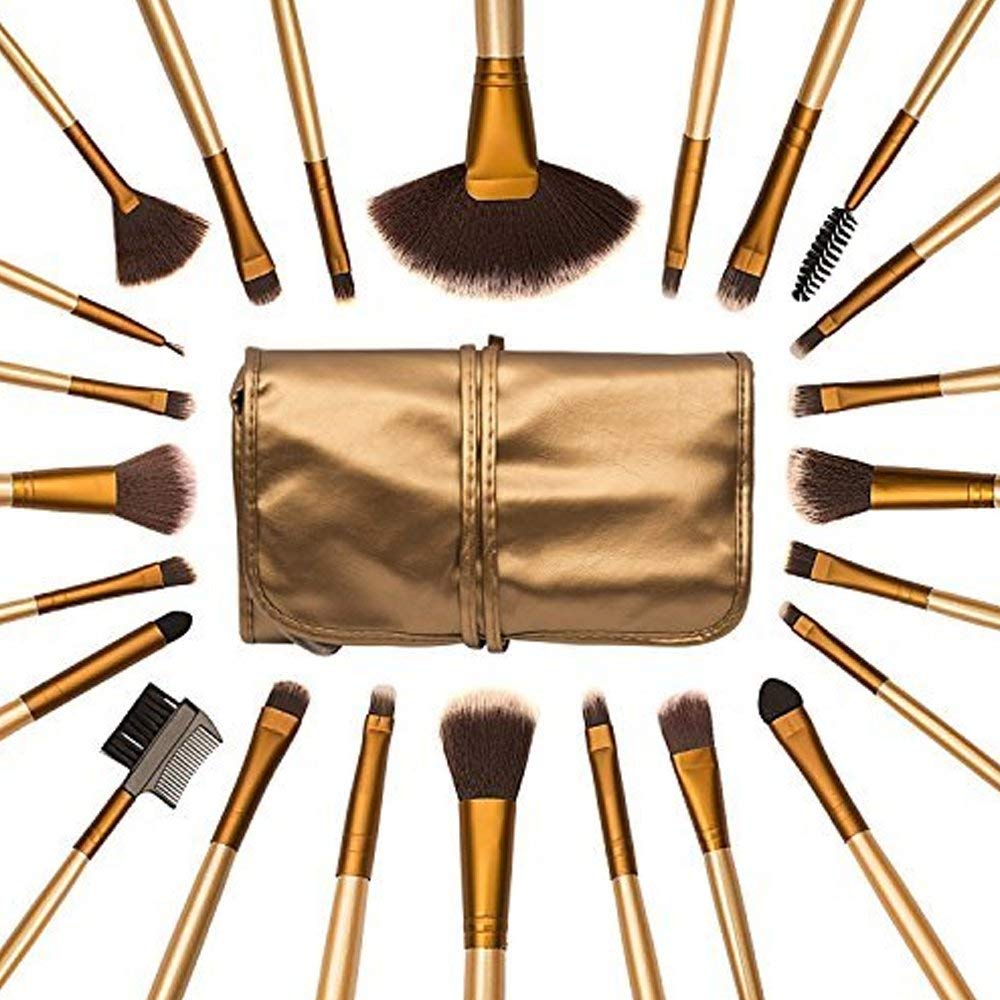 Ronzille Beauty Professional 24-Pcs Makeup Brush Set for Foundation, Face Powder, Blush Blending Brushes, Wooden Handle Cruelty-Free Synthetic Fiber Bristles with Leather Case (Golden)
