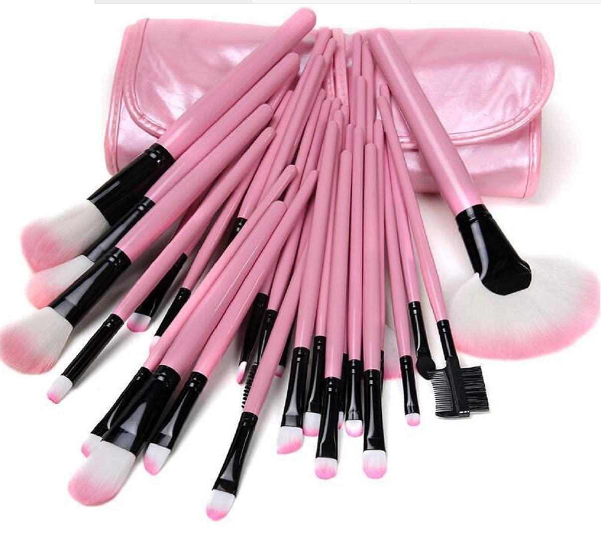 Ronzille Beauty Professional 24-Pcs Makeup Brush Set for Foundation, Face Powder, Blush Blending Brushes, Wooden Handle Cruelty-Free Synthetic Fiber Bristles with Leather Case (Pink)
