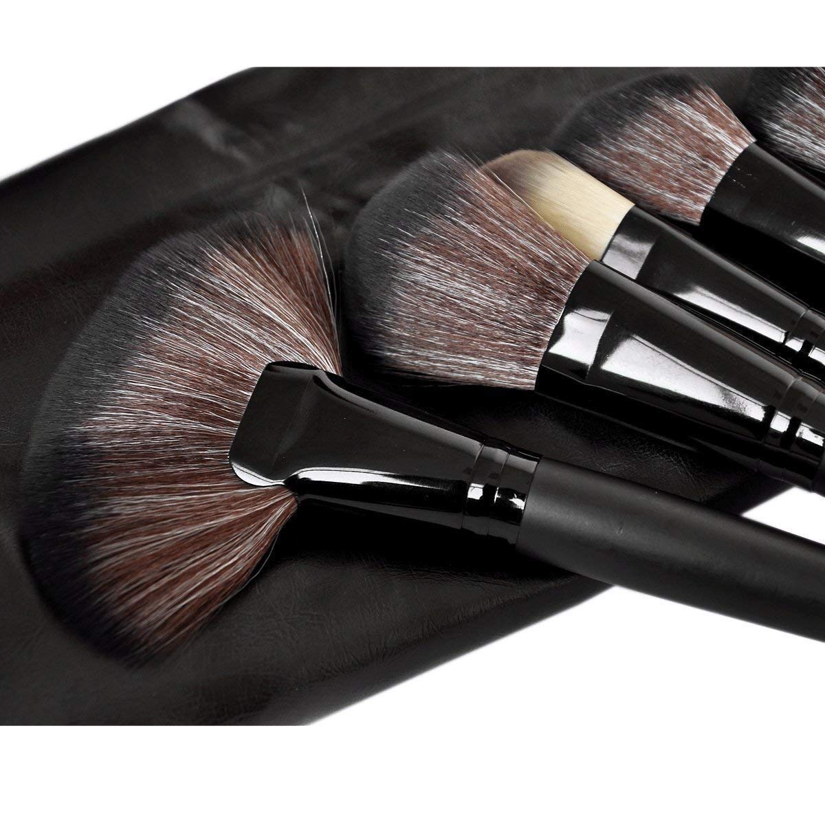 Ronzille Beauty Professional 24-Pcs Makeup Brush Set for Foundation, Face Powder, Blush Blending Brushes, Wooden Handle Cruelty-Free Synthetic Fiber Bristles with Leather Case (Black)