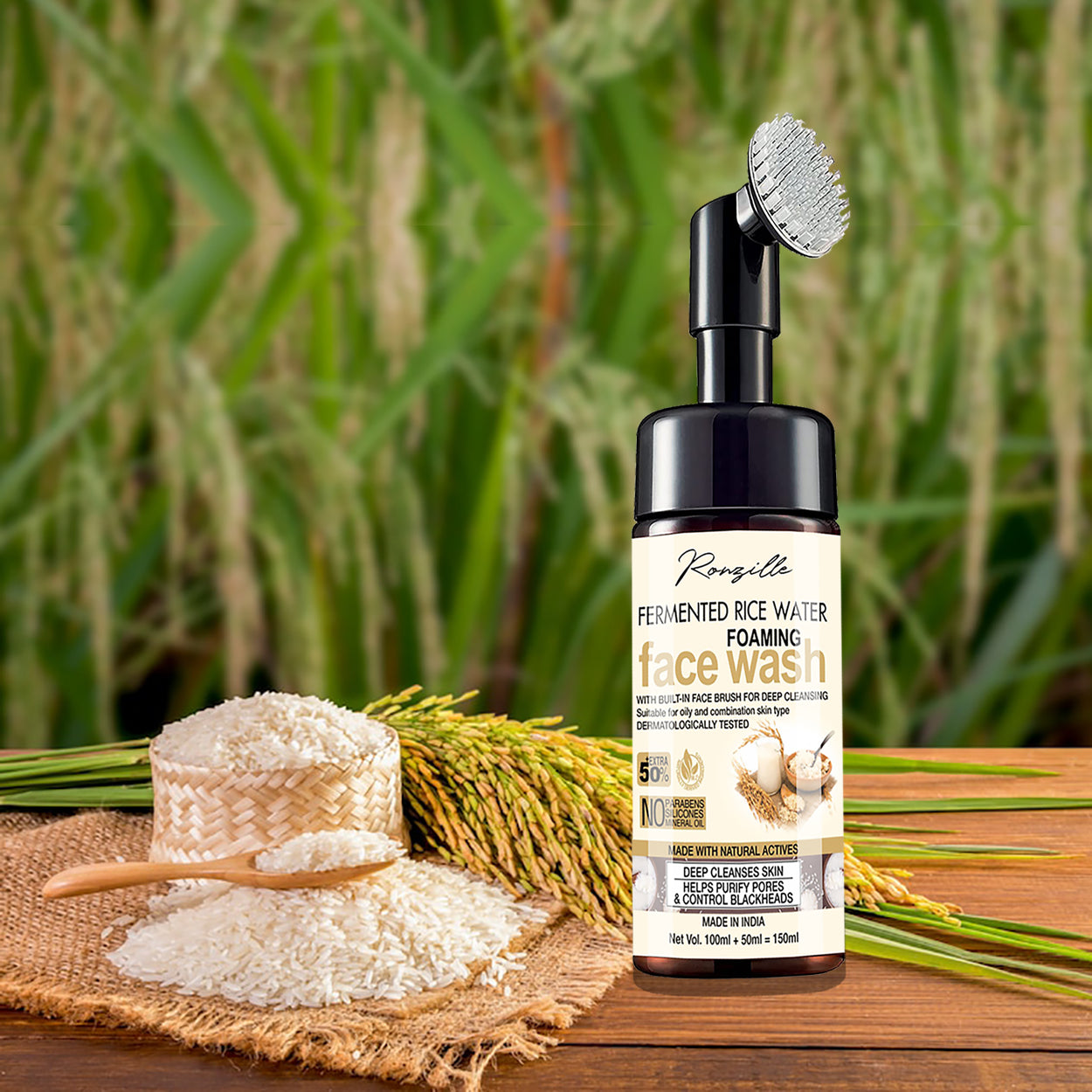 Ronzille Fermented Rice Water Foaming Wash With Built -In Face Brush For Deep Cleansing Men & Women All Skin Types Face Wash-150 ml