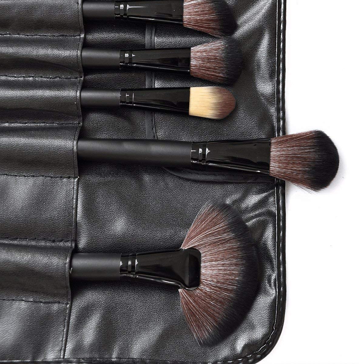 Ronzille Beauty Professional 24-Pcs Makeup Brush Set for Foundation, Face Powder, Blush Blending Brushes, Wooden Handle Cruelty-Free Synthetic Fiber Bristles with Leather Case (Black)