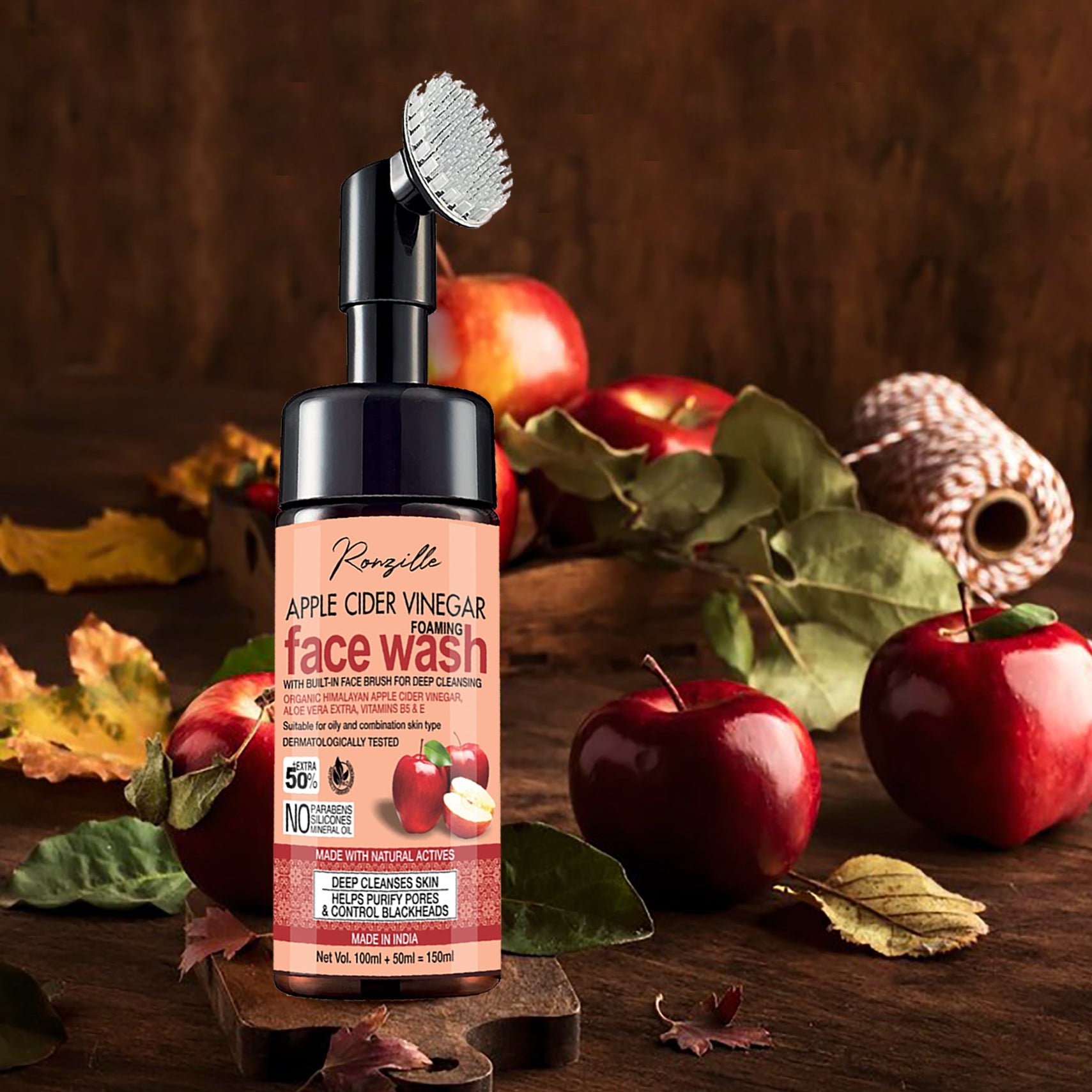 Ronzille Apple Cider Vinegar Foaming Wash With Built -In Face Brush For Deep Cleansing Men & Women All Skin Types Face Wash-150 ml
