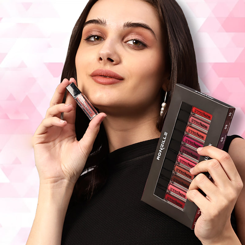 Ronzille Non-transfer Mini liquid lipstick set of 10 with slider box(15ml)