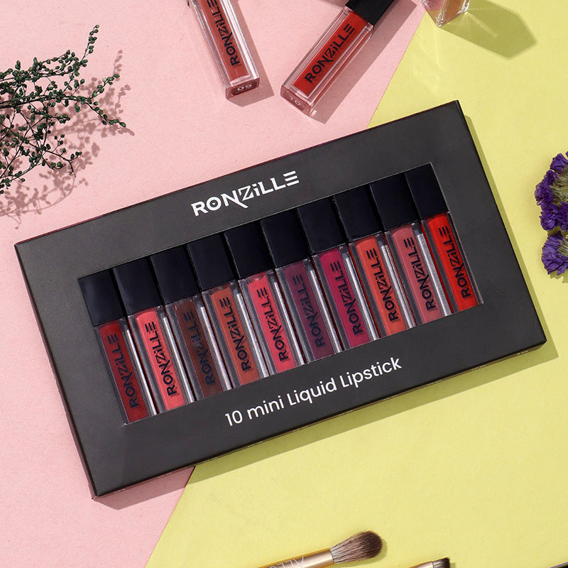 Ronzille Non-transfer Mini liquid lipstick set of 10 with slider box(15ml)