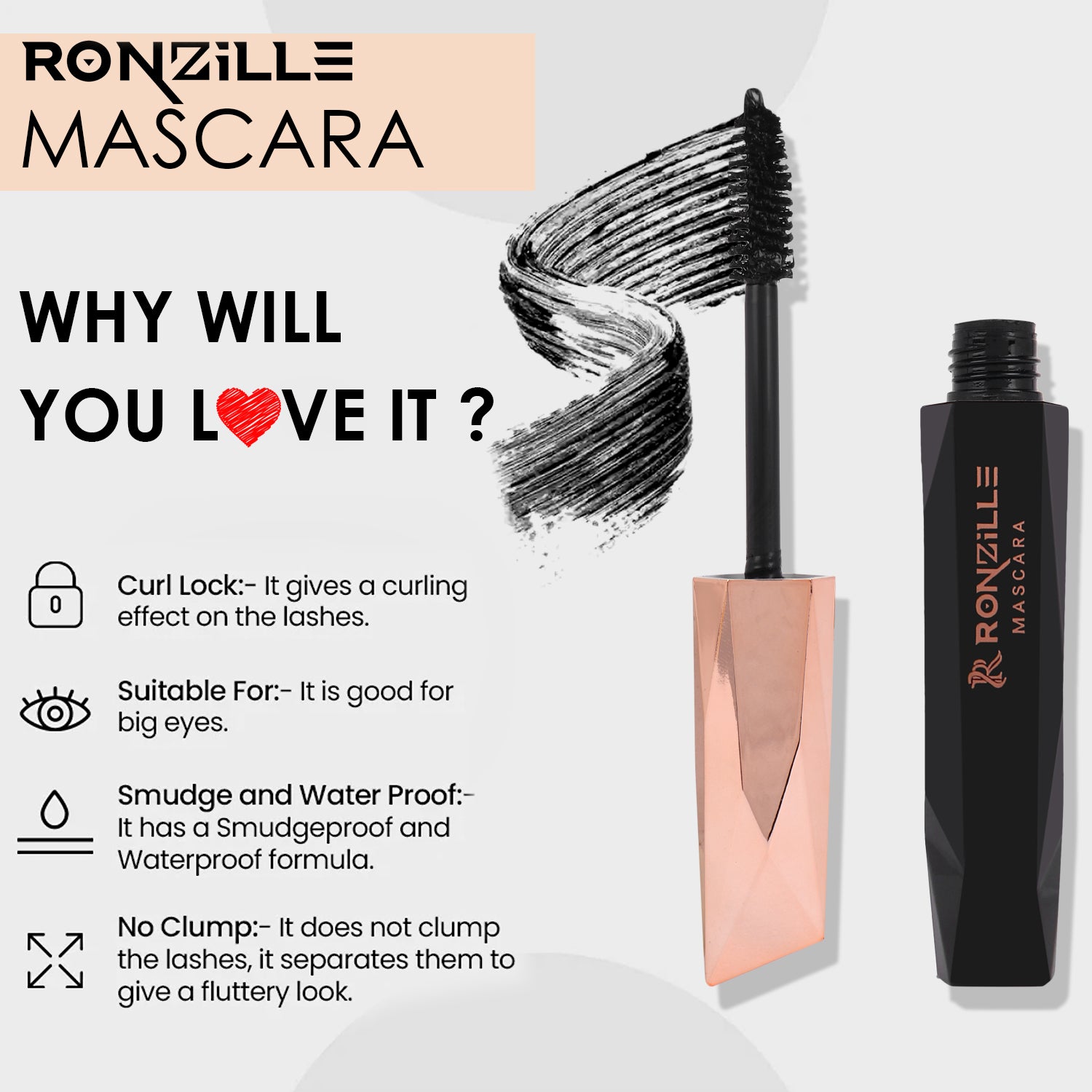 Ronzille Waterproof & Smudgeproof Diamond Mascara - Volumising