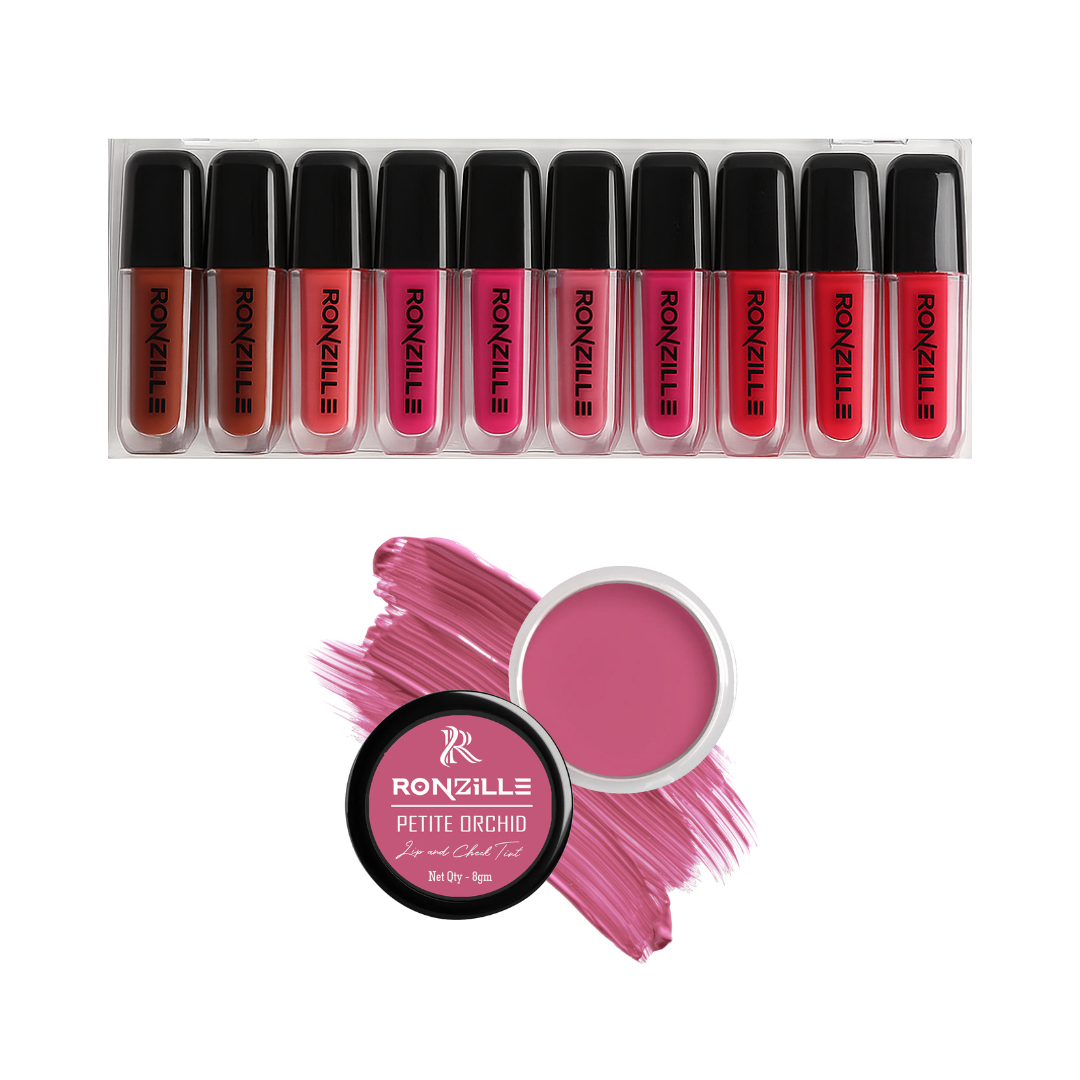 Ronzille Combo Mini liquid lipstick Set of 10 & Lip and cheek Tint Petite Orchid