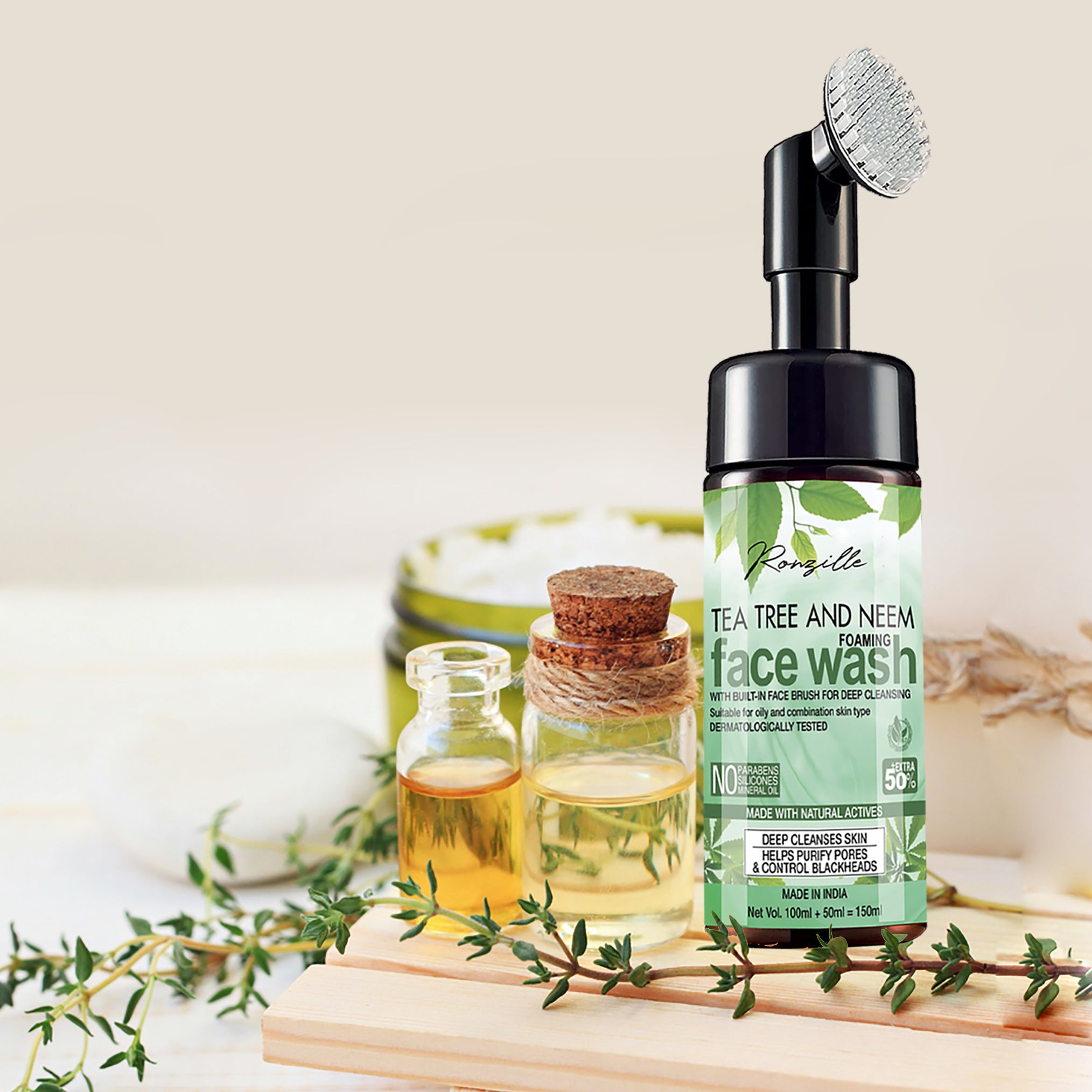 Ronzille Tea Tree And Neem Foaming Wash With Built -In Face Brush For Deep Cleansing Men & Women All Skin Types Face Wash-150 ml