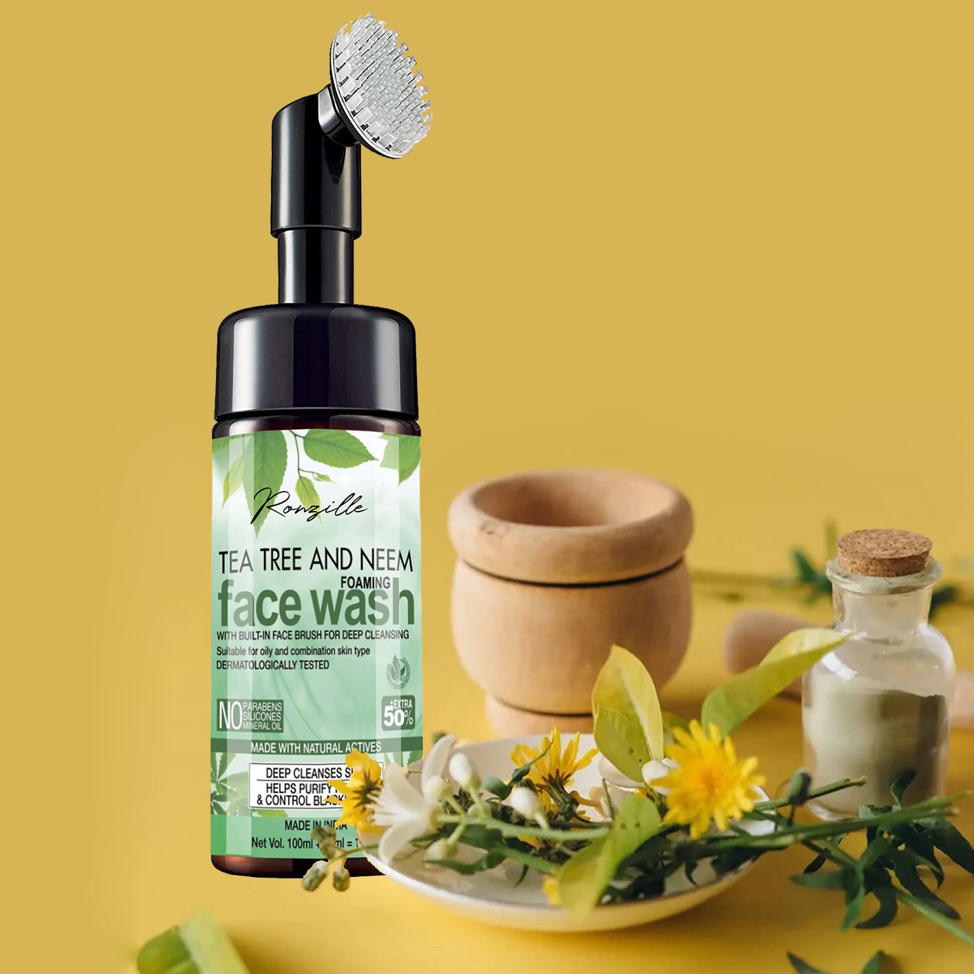 Ronzille Tea Tree And Neem Foaming Wash With Built -In Face Brush For Deep Cleansing Men & Women All Skin Types Face Wash-150 ml