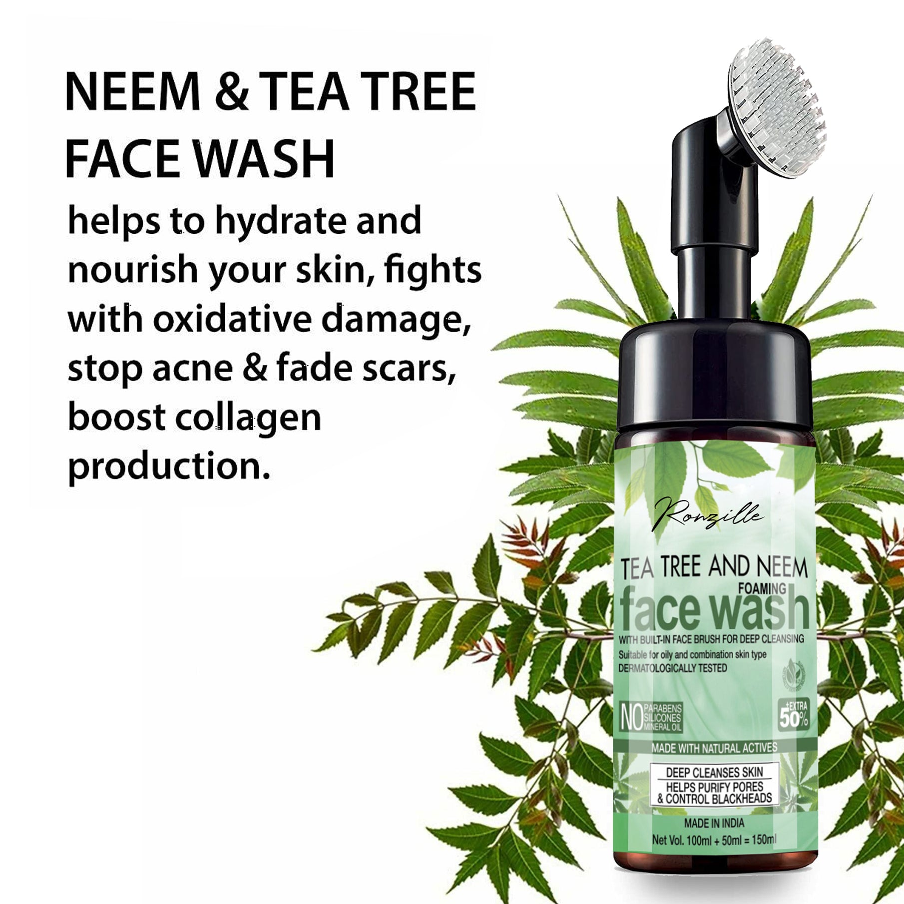Ronzille Tea Tree And Neem Foaming Wash With Built -In Face Brush For Deep Cleansing Men & Women All Skin Types Face Wash-150 ml