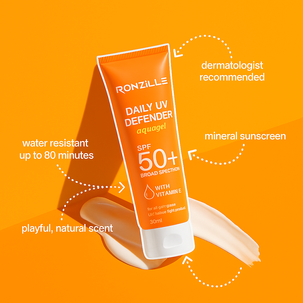 Ronzille Sunscreen - SPF 50 PA+++ Creme Gel Sun Daily UV Defender aquagel & Bright, With Vitamin-E 30 ml