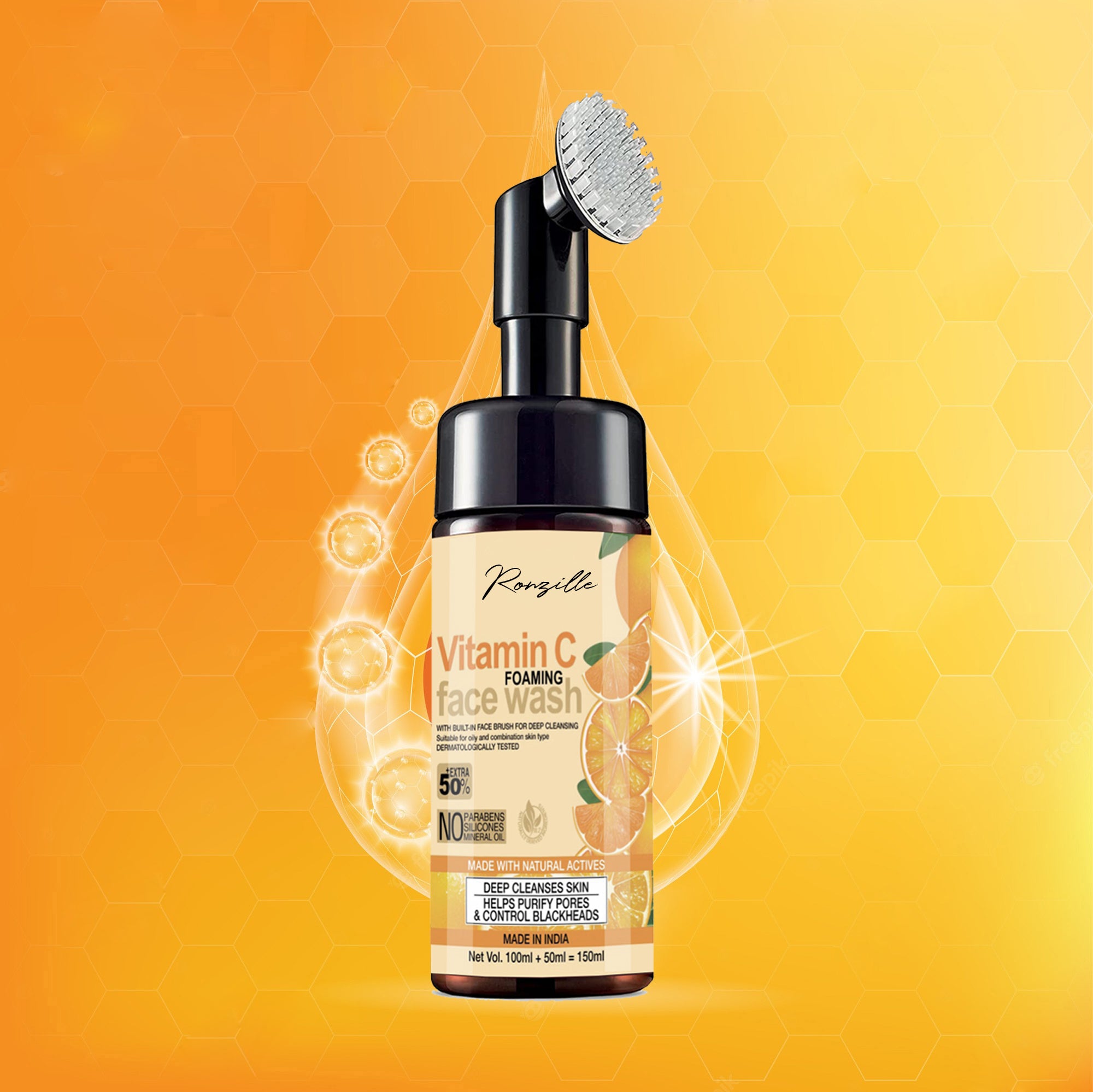 Ronzille Vitamin-C Foaming Wash With Built -In Face Brush For Deep Cleansing Men & Women All Skin Types Face Wash-150 ml