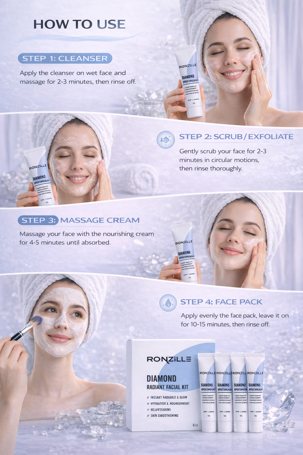 Ronzille Diamond Radiant Facial Kit,Instant Radiance & Glow, Hydration & Nourishment, Rejuvenating,Skin Smoothening Facial Kit for Women & Men-60ml