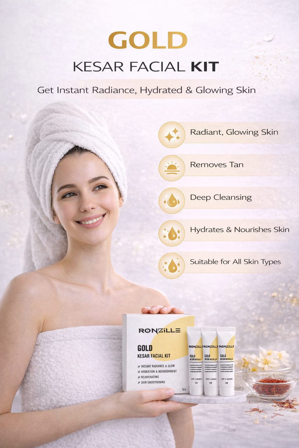 Ronzille Gold Kesar Facial Kit,Instant Radiance & Glow, Hydration & Nourishment, Rejuvenating,Skin Smoothening Facial Kit for Women & Men-60ml