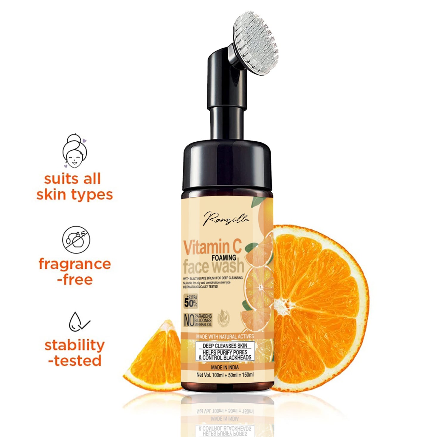Ronzille Vitamin-C Foaming Wash With Built -In Face Brush For Deep Cleansing Men & Women All Skin Types Face Wash-150 ml