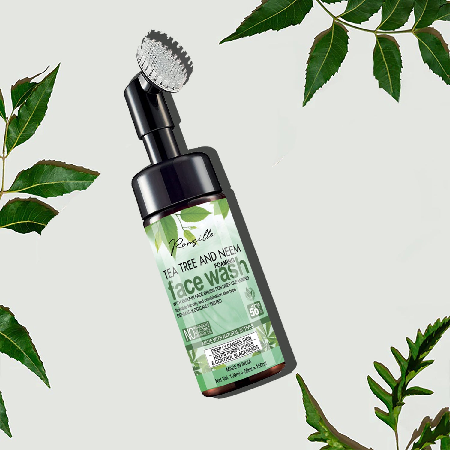 Ronzille Tea Tree And Neem Foaming Wash With Built -In Face Brush For Deep Cleansing Men & Women All Skin Types Face Wash-150 ml