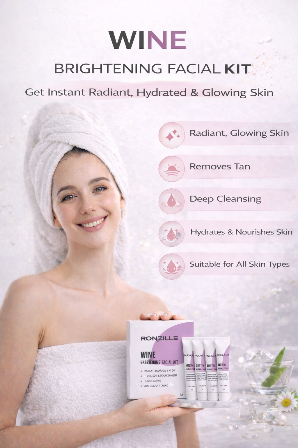 Ronzille Wine Brightening Facial Kit,Instant Radiance & Glow, Hydration & Nourishment, Rejuvenating,Skin Smoothening Facial Kit for Women & Men-60ml
