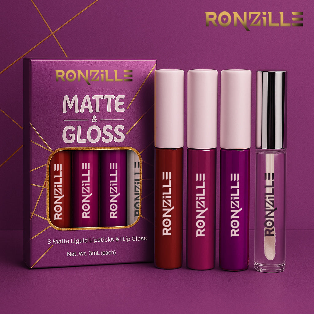 Ronzille Non Transfer Matte Liquid Lipstick plus Lip Gloss ( Mauves & Purples ) Pack of 4