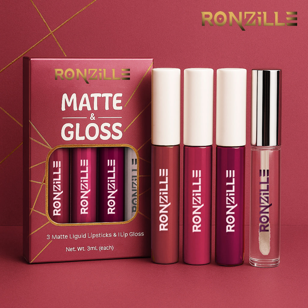 Ronzille Non Transfer Matte Liquid Lipstick plus Lip Gloss ( Blush & Pinks) Pack of 4