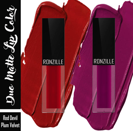 Ronzille Duo Matte Lip Color Non Transfer & Waterproof (Red Devil, Plum Velvet, 2.5 ml)