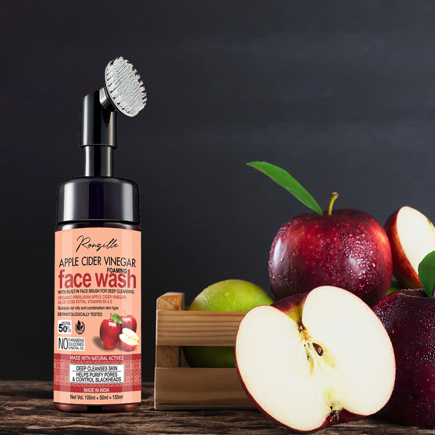 Ronzille Apple Cider Vinegar Foaming Wash With Built -In Face Brush For Deep Cleansing Men & Women All Skin Types Face Wash-150 ml