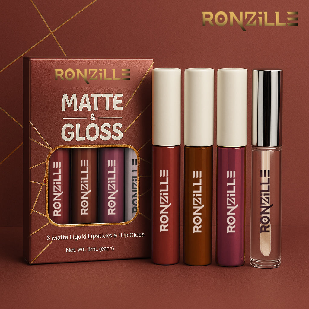Ronzille Non Transfer Matte Liquid Lipstick plus Lip Gloss ( Nudes & Browns) Pack of 4