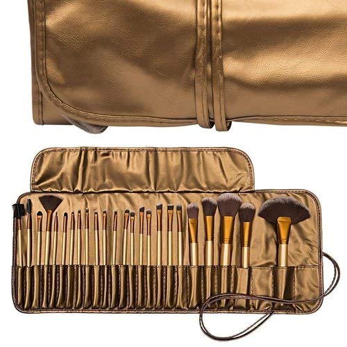 Ronzille Beauty Professional 24-Pcs Makeup Brush Set for Foundation, Face Powder, Blush Blending Brushes, Wooden Handle Cruelty-Free Synthetic Fiber Bristles with Leather Case (Golden)