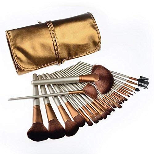 Ronzille Beauty Professional 24-Pcs Makeup Brush Set for Foundation, Face Powder, Blush Blending Brushes, Wooden Handle Cruelty-Free Synthetic Fiber Bristles with Leather Case (Golden)