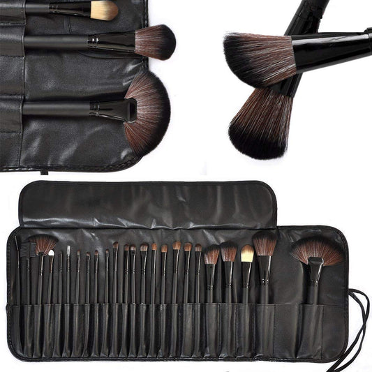 Ronzille Beauty Professional 24-Pcs Makeup Brush Set for Foundation, Face Powder, Blush Blending Brushes, Wooden Handle Cruelty-Free Synthetic Fiber Bristles with Leather Case (Black)