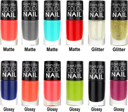 RONZILLE Color Nail Long Lasting Nail Paint Quick Dry Pack of 12 (Combo B) Multicolor