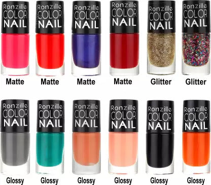 RONZILLE Color Nail Long Lasting Nail Paint Quick Dry Pack of 12 (Combo C) Multicolor