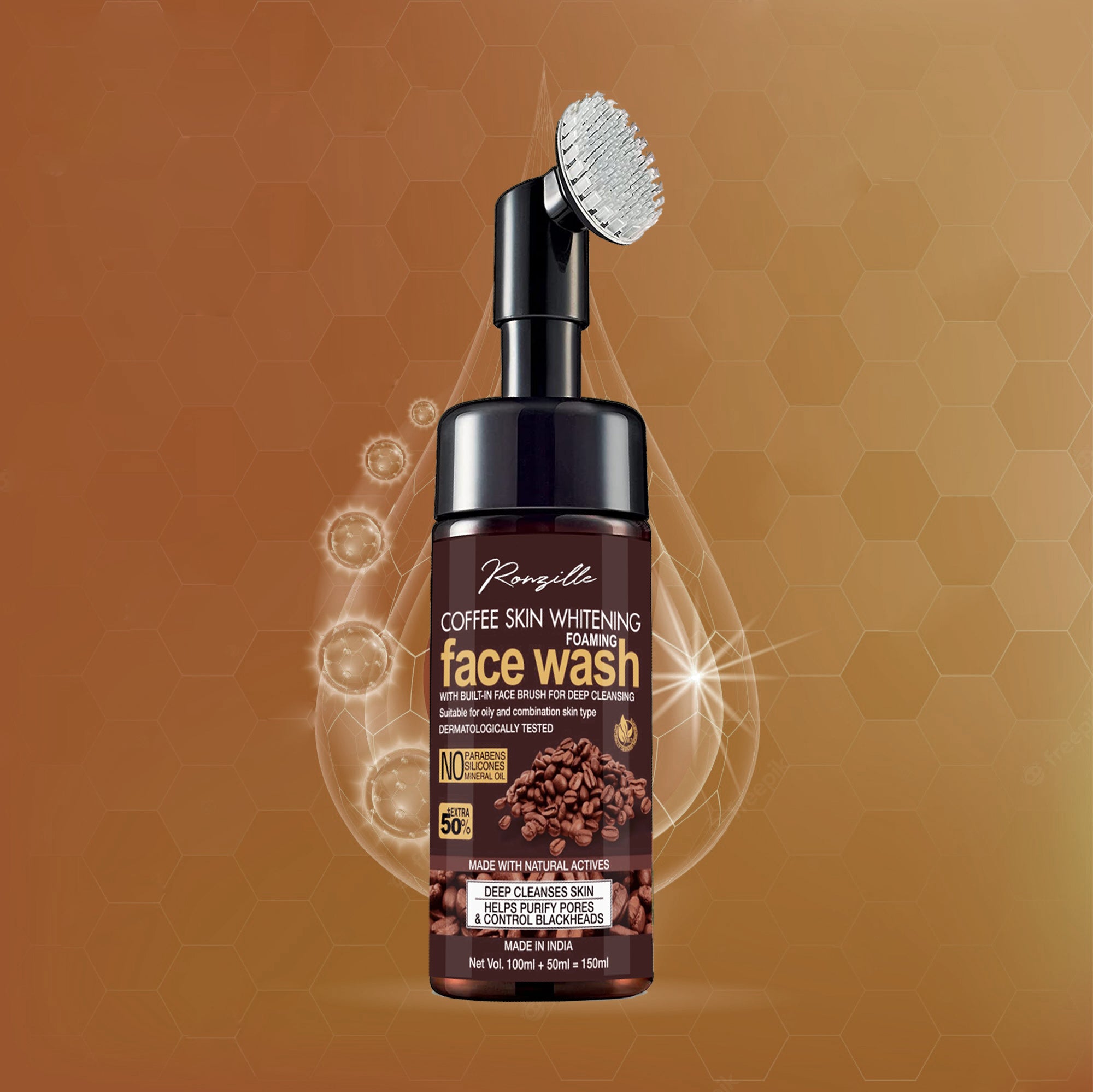 Ronzille Coffee Skin Whitening Foaming Wash With Built -In Face Brush For Deep Cleansing Men & Women All Skin Types Face Wash-150 ml