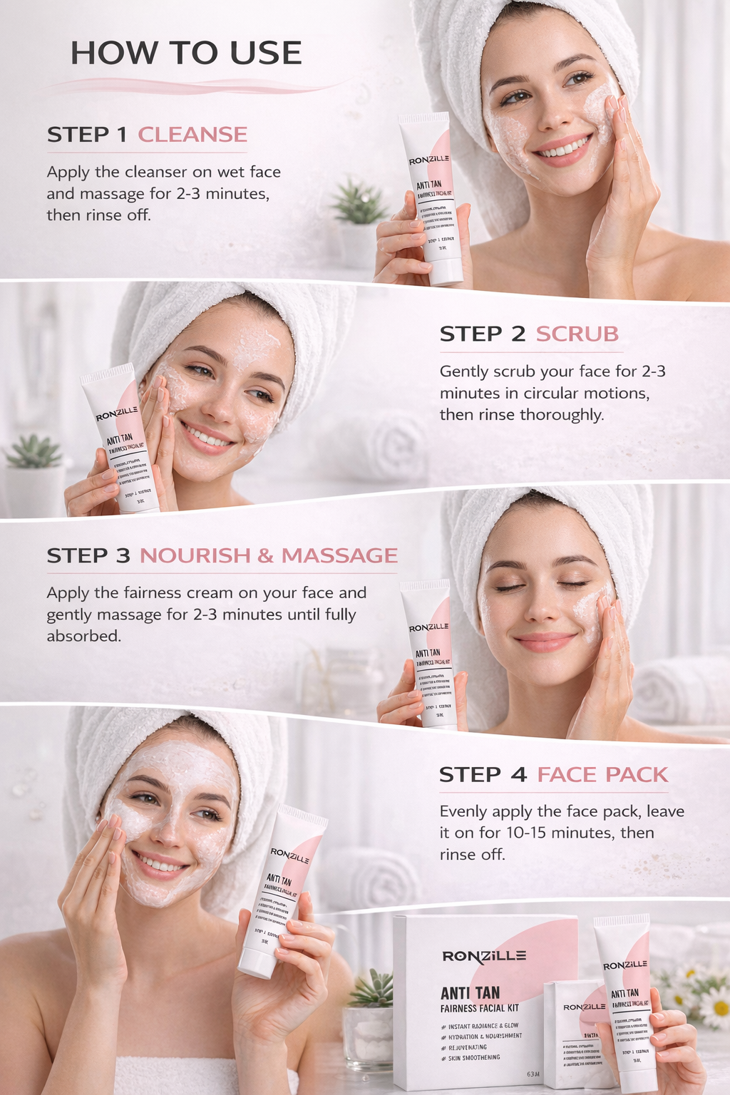 Ronzille Anti-Tan Fairness Facial Kit,Instant Radiance & Glow, Hydration & Nourishment, Rejuvenating,Skin Smoothening Facial Kit for Women & Men-60ml