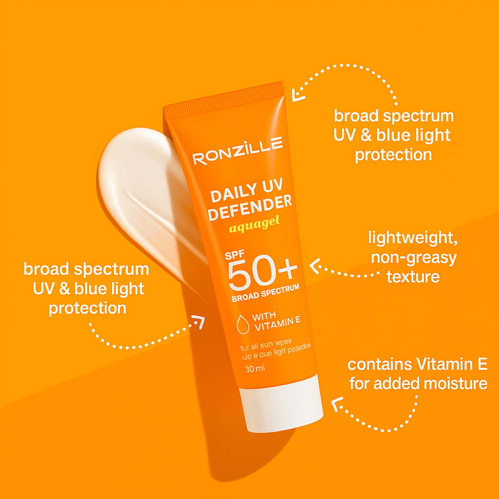 Ronzille Sunscreen - SPF 50 PA+++ Creme Gel Sun Daily UV Defender aquagel & Bright, With Vitamin-E 30 ml