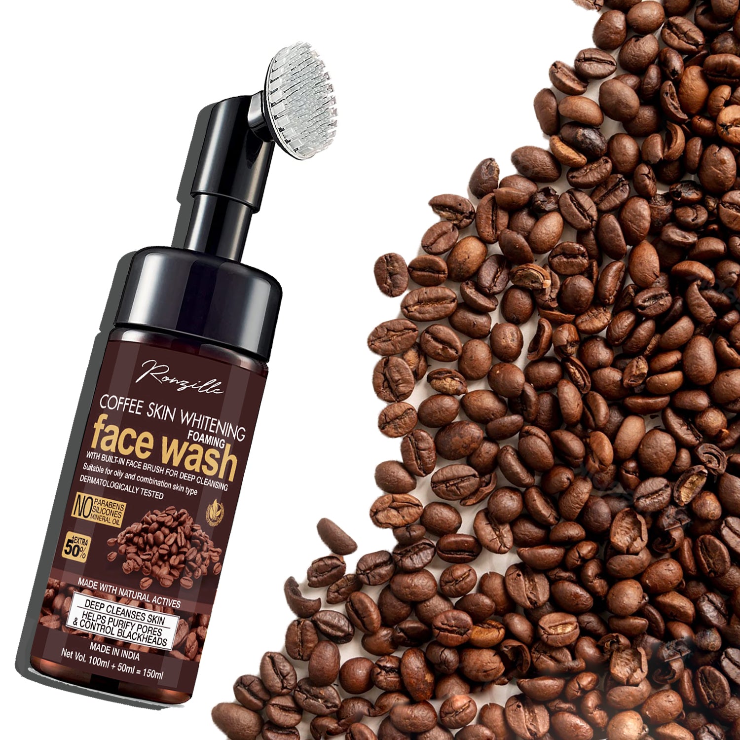 Ronzille Coffee Skin Whitening Foaming Wash With Built -In Face Brush For Deep Cleansing Men & Women All Skin Types Face Wash-150 ml