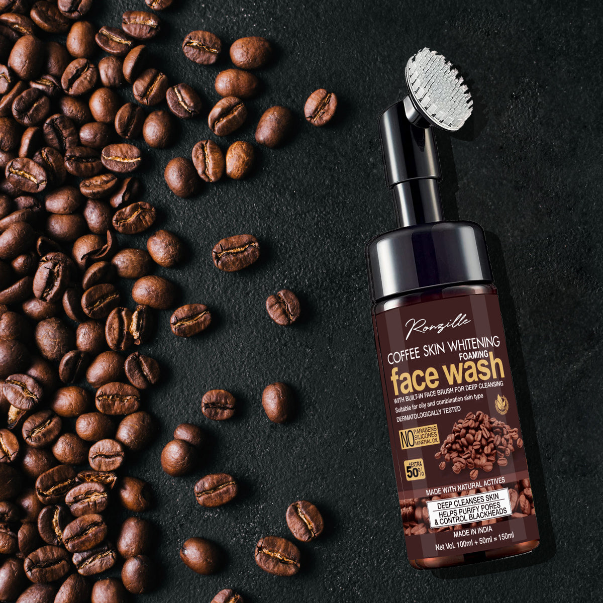 Ronzille Coffee Skin Whitening Foaming Wash With Built -In Face Brush For Deep Cleansing Men & Women All Skin Types Face Wash-150 ml