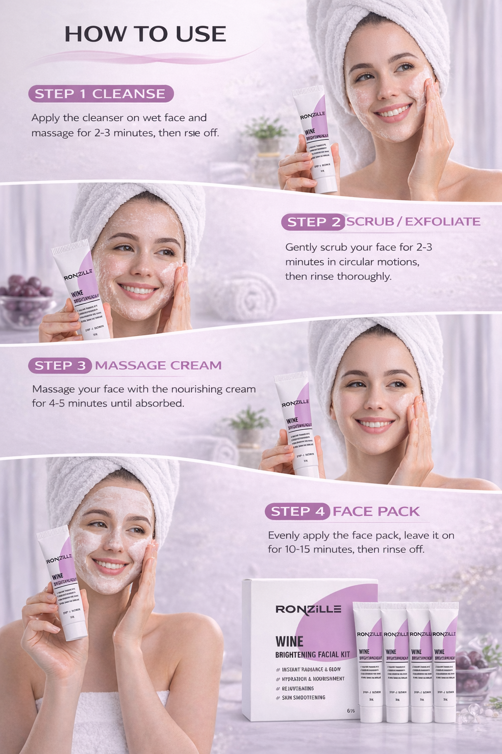 Ronzille Wine Brightening Facial Kit,Instant Radiance & Glow, Hydration & Nourishment, Rejuvenating,Skin Smoothening Facial Kit for Women & Men-60ml